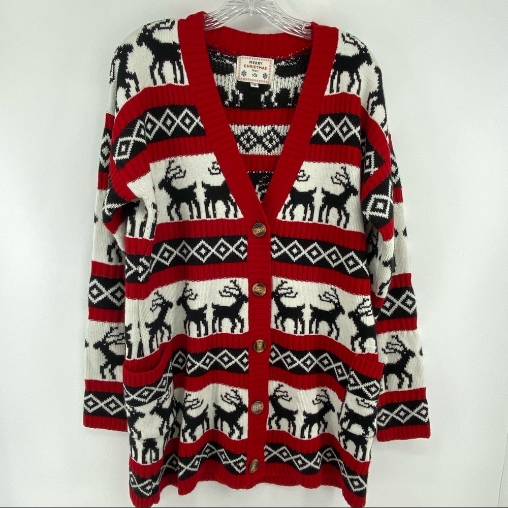 V28 Sz Medium Ugly Christmas Reindeer Cardigan‎ Sweater